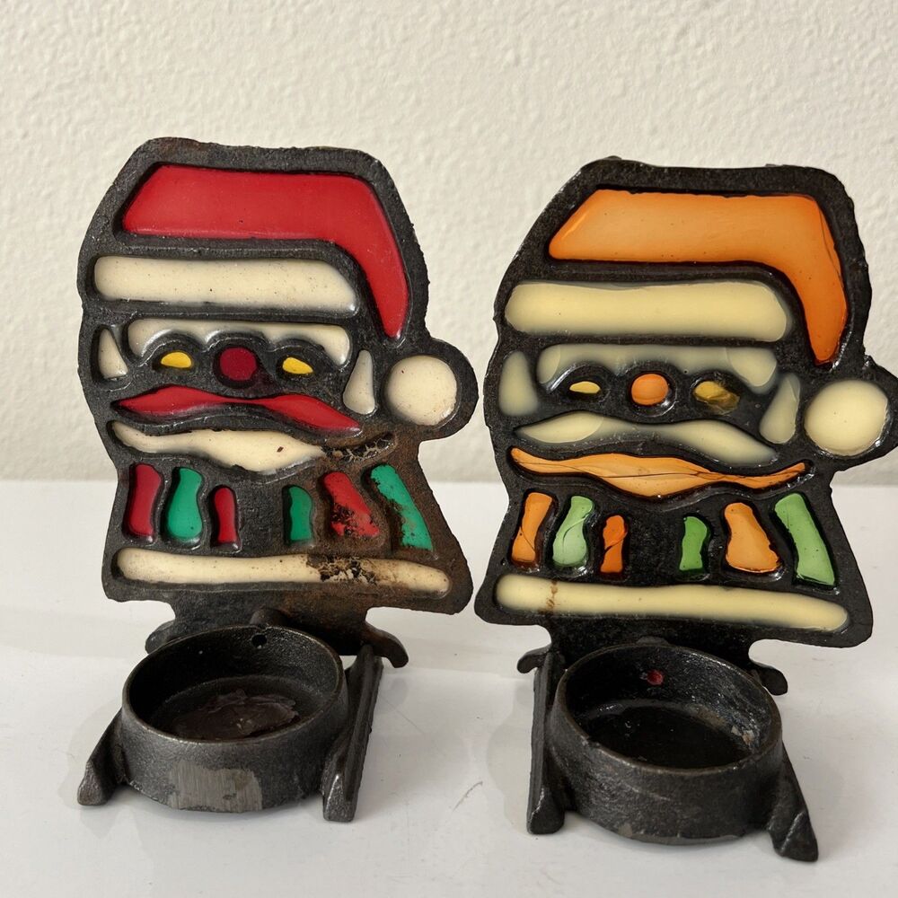 2 Vintage STAINED GLASS Christmas Santa Candle Holder Cast Iron Votive Tea Light